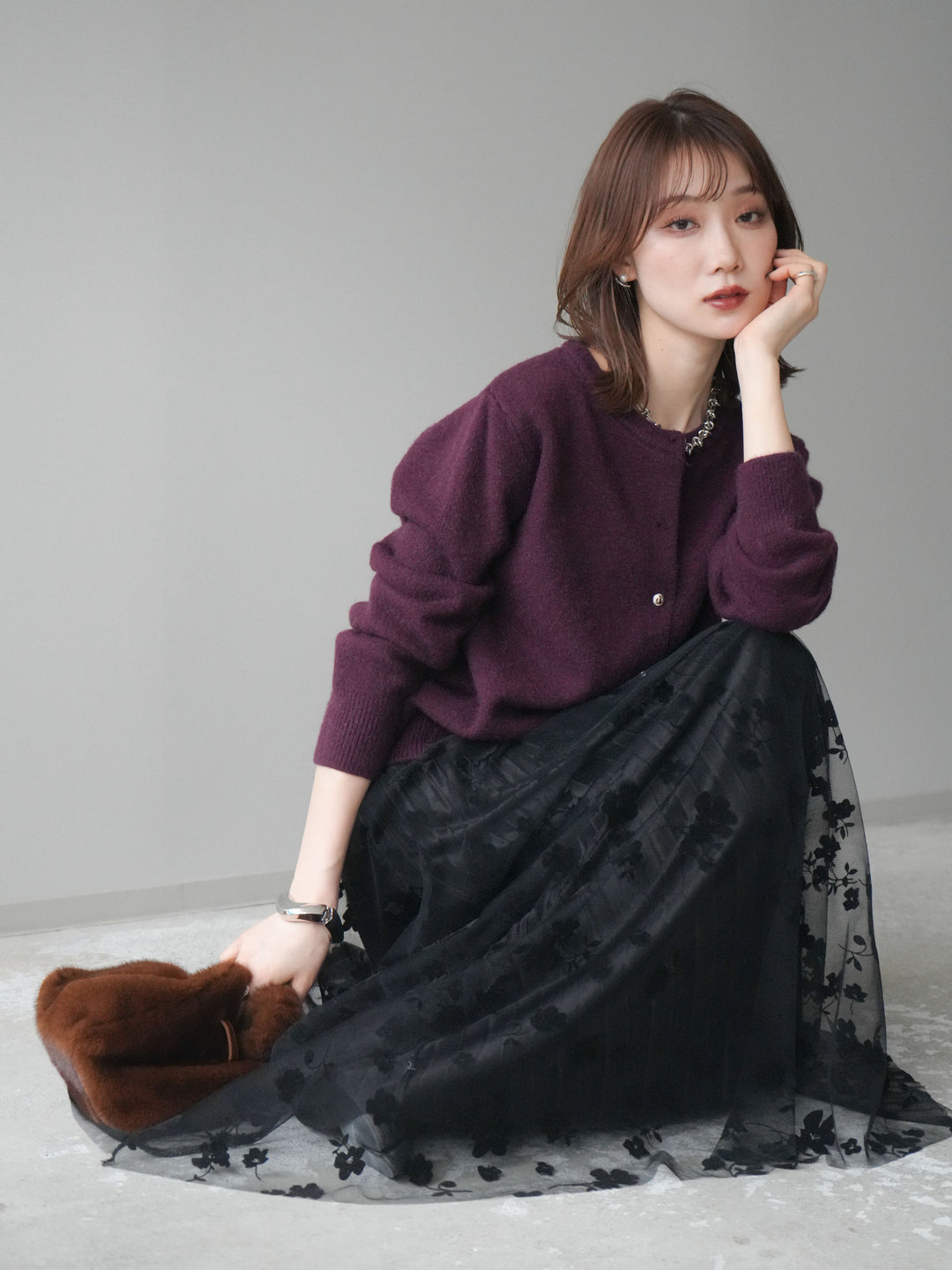 [SET]アンティークボタンニットカーディガン+選べるアクセセット(2set)