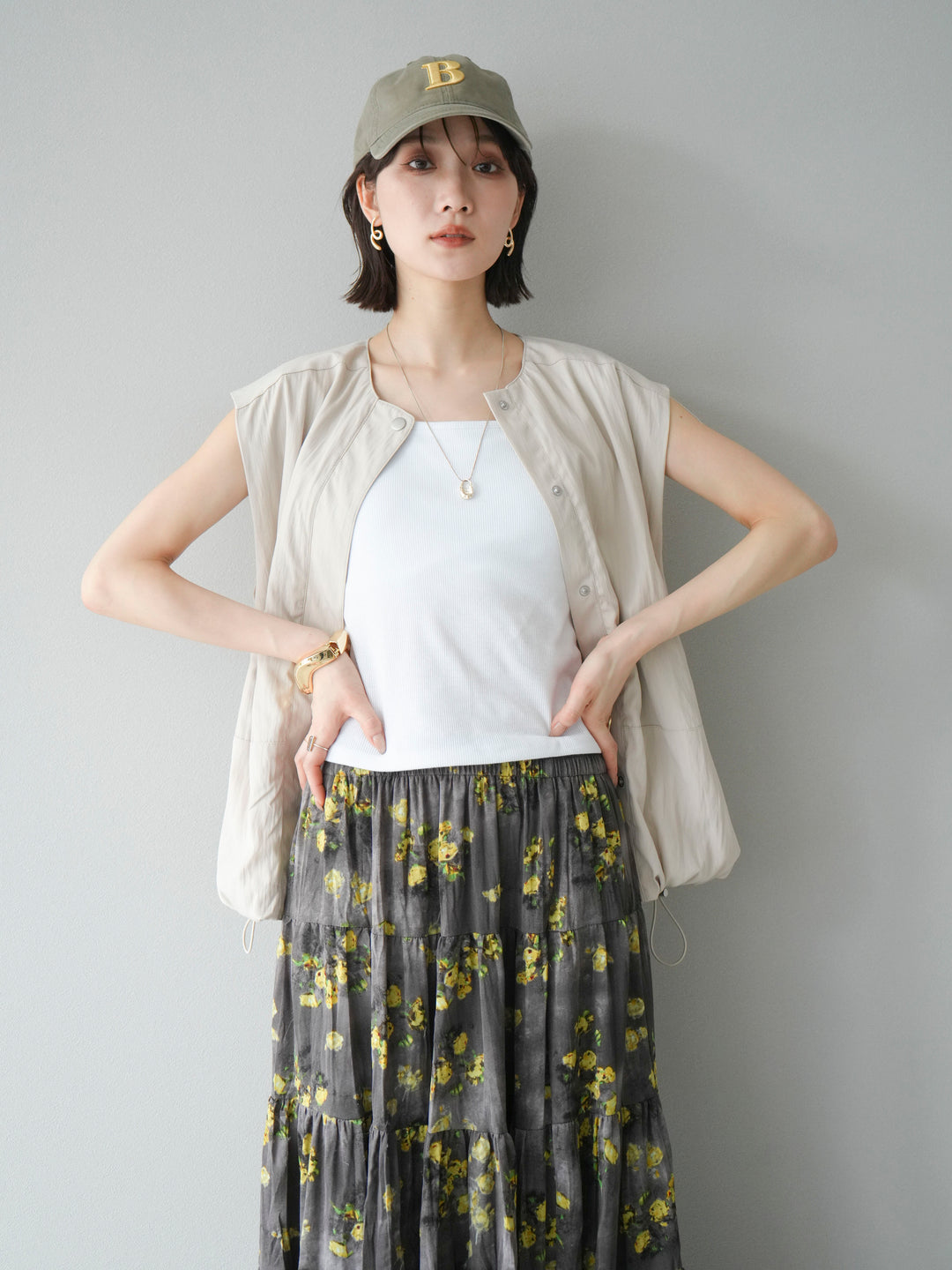 [SET]リネンライクドロストバルーンブルゾン+フラワーワッシャープリーツスカート(2set)