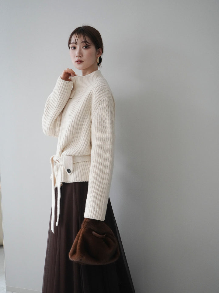 [予約]畦編みボトルネックZIPニットカーディガン/white