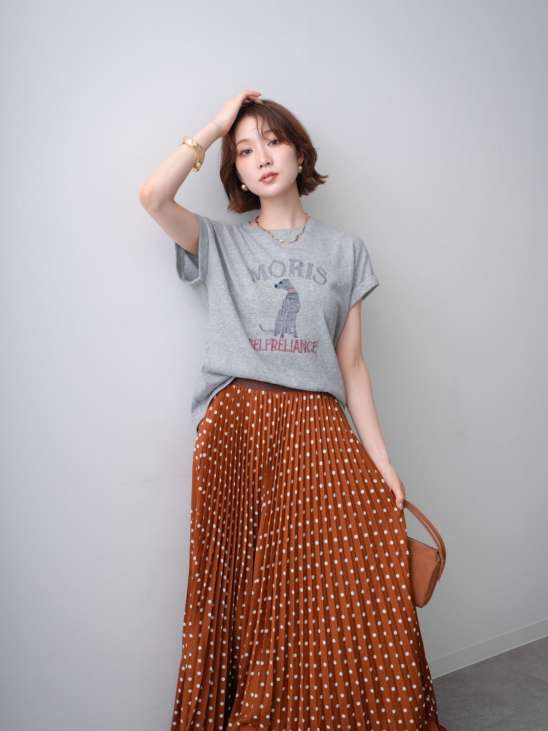 [SET]ドッグエンブロイダリーTEE+ドットアコーディオンプリーツスカート(2set)