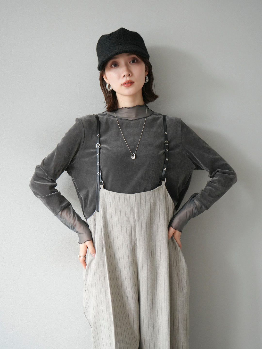 【着回しセット】[SET]ヘリンボーンストライプジレ+シアー切替ベロアトップス+ヘリンボーンストライプサロペット(3set)