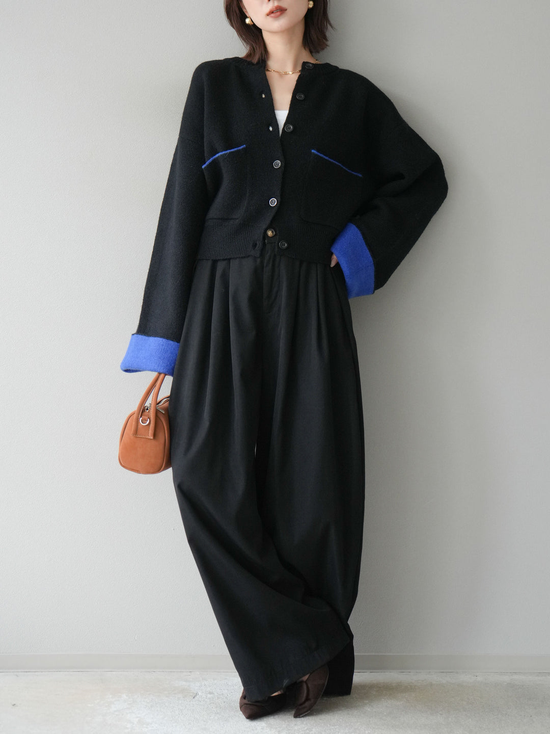【SET】雙色針織開襟衫+褶襉設計寬褲（2套）