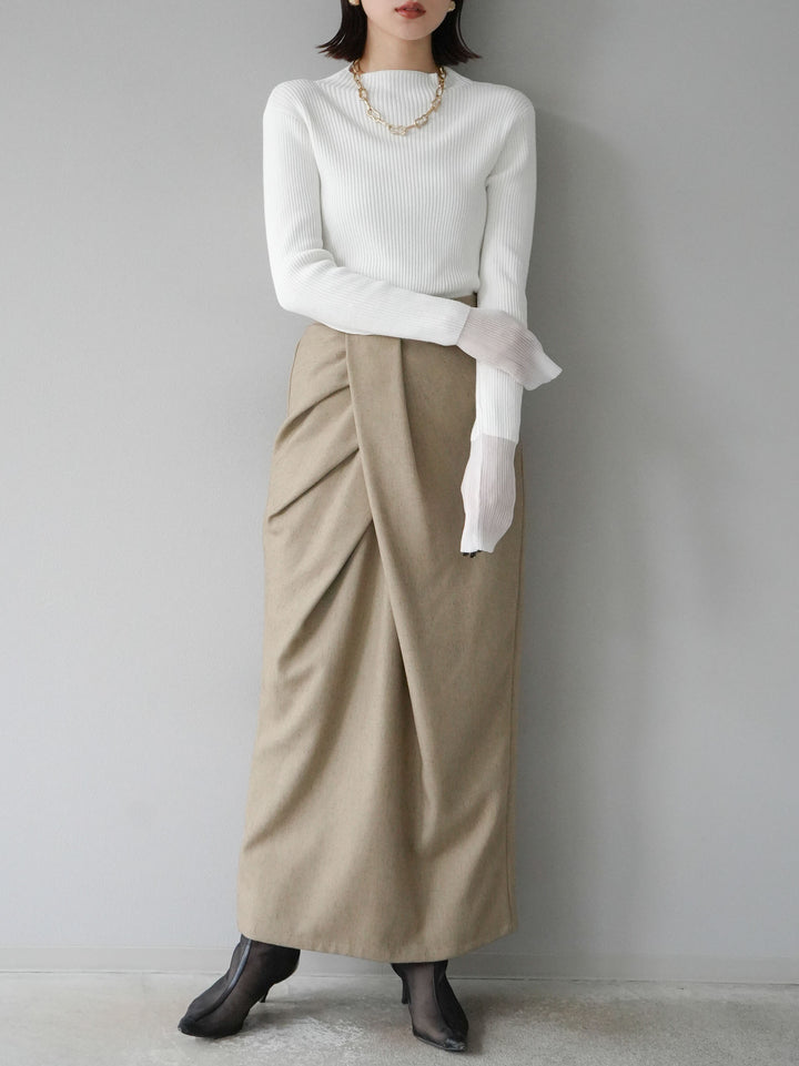 [予約]袖ラメシアー切替リブニットトップス/オフ