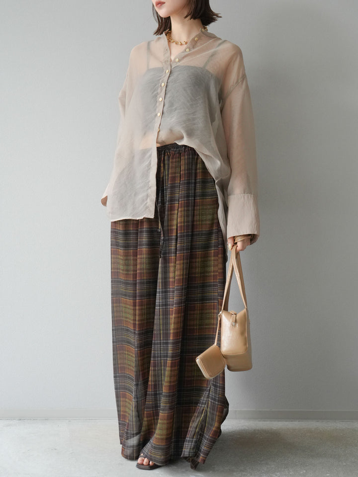 [SET] 亮面透視立領襯衫 + 透視格紋寬鬆褲 (2 件套)