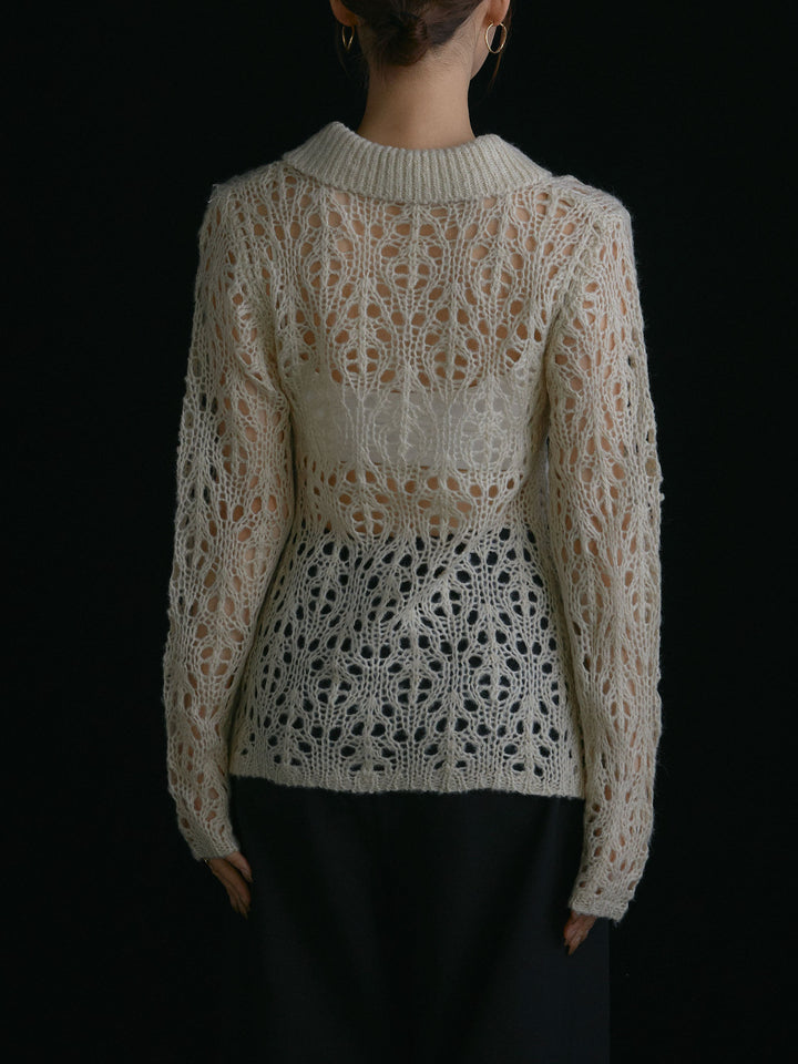 [予約]ローゲージ透かし編みポロニッカーディガン/アイボリー