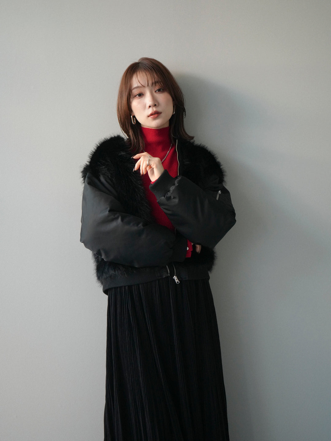 [SET]ファードッキングMA-1+裾レーススウェードプリーツマキシスカート(2set)