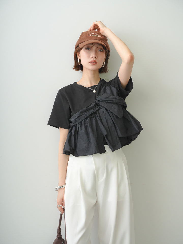 [SET]ナイロンドッキングツイストTEE +アシンメトリーベルトタックワイドパンツ(2set)