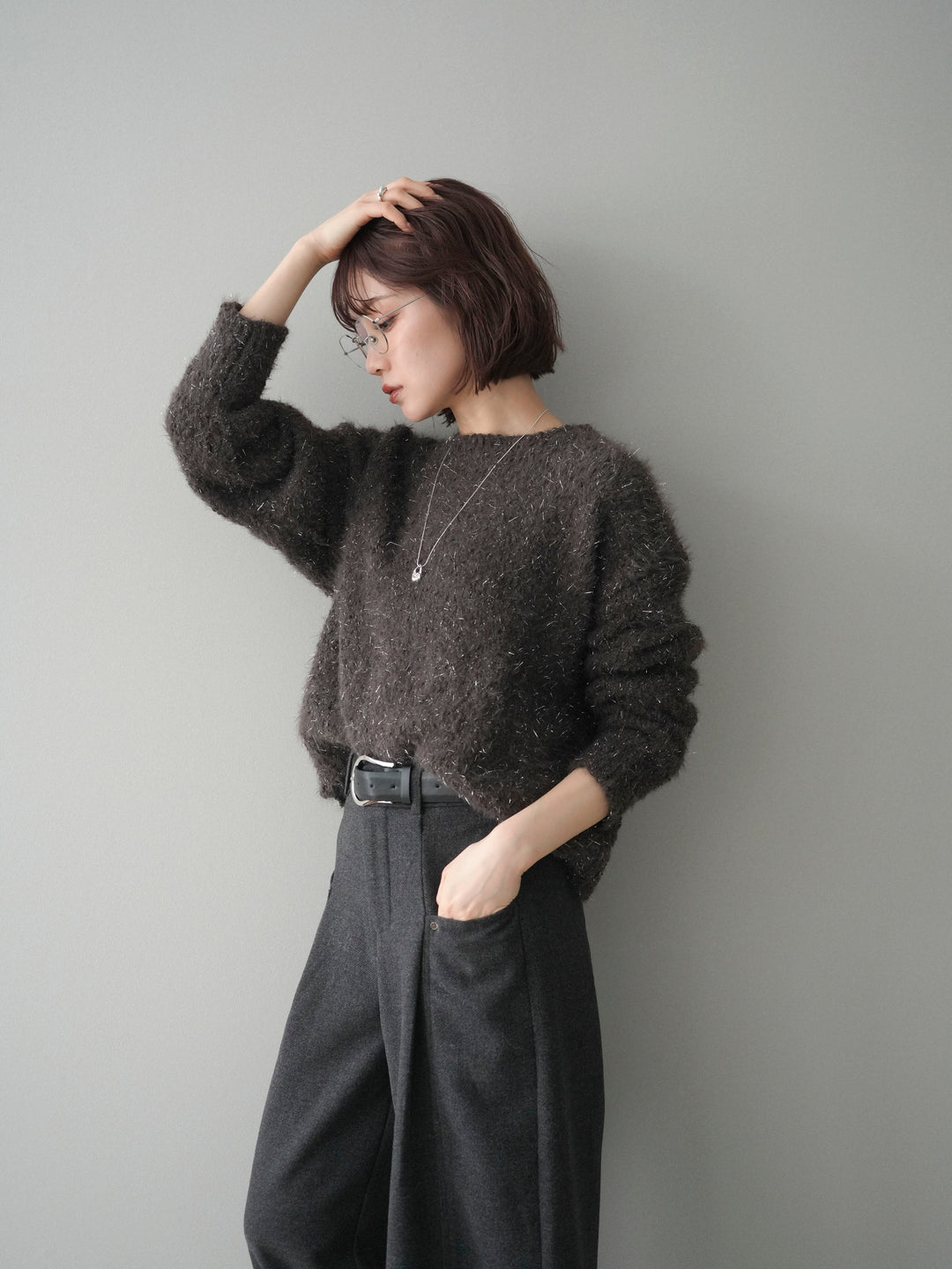 [予約]モールラメミックスヤーンニットプルオーバー/brown