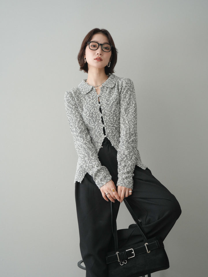 [予約]透かし編みブークレポロニットトップス/mix