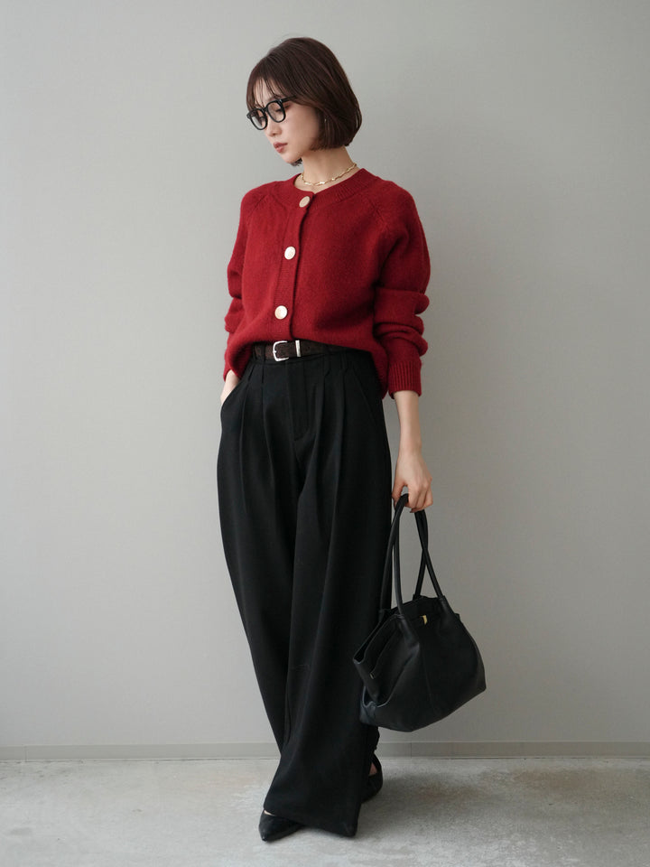 [SET]BIGボタンニットカーディガン+アニマル柄ベルト付きウールタッチワイドパンツ(2set)