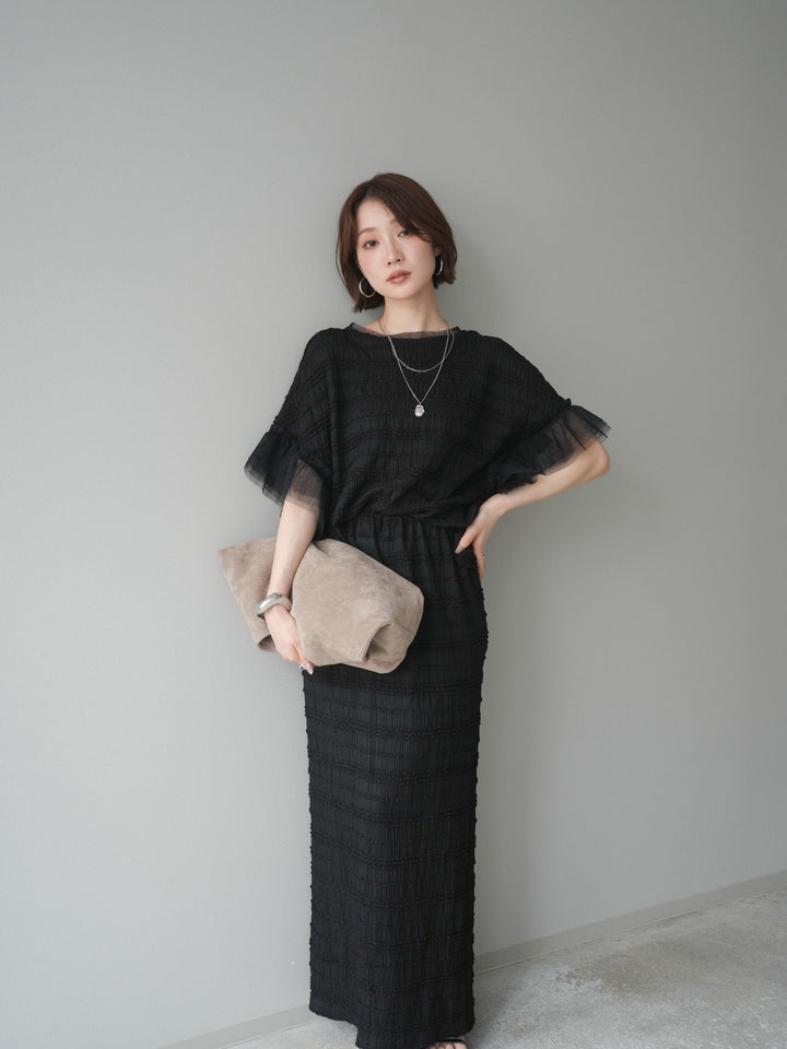 [SET]チュール袖リップルトップス+リップルIラインスカート(2set)