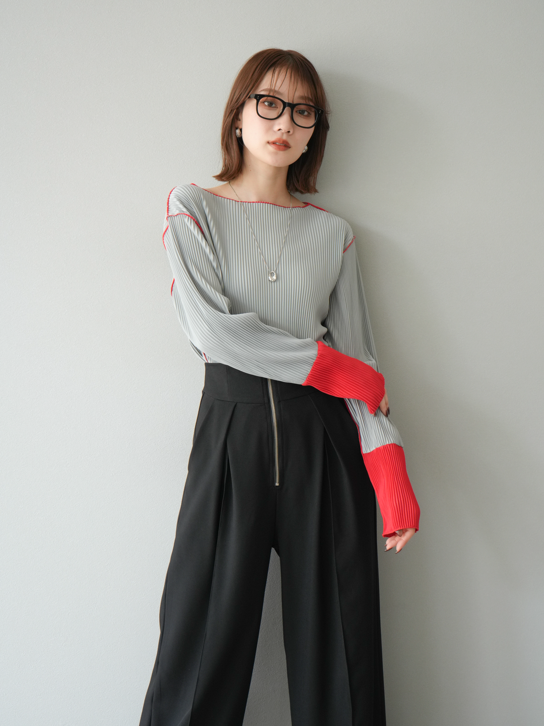 [予約]バイカラープリーツトップス/グレー