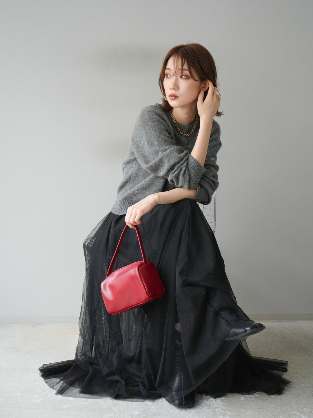 [SET]フラワー刺繍ニットカーディガン+チュールボリュームスカート(2set)