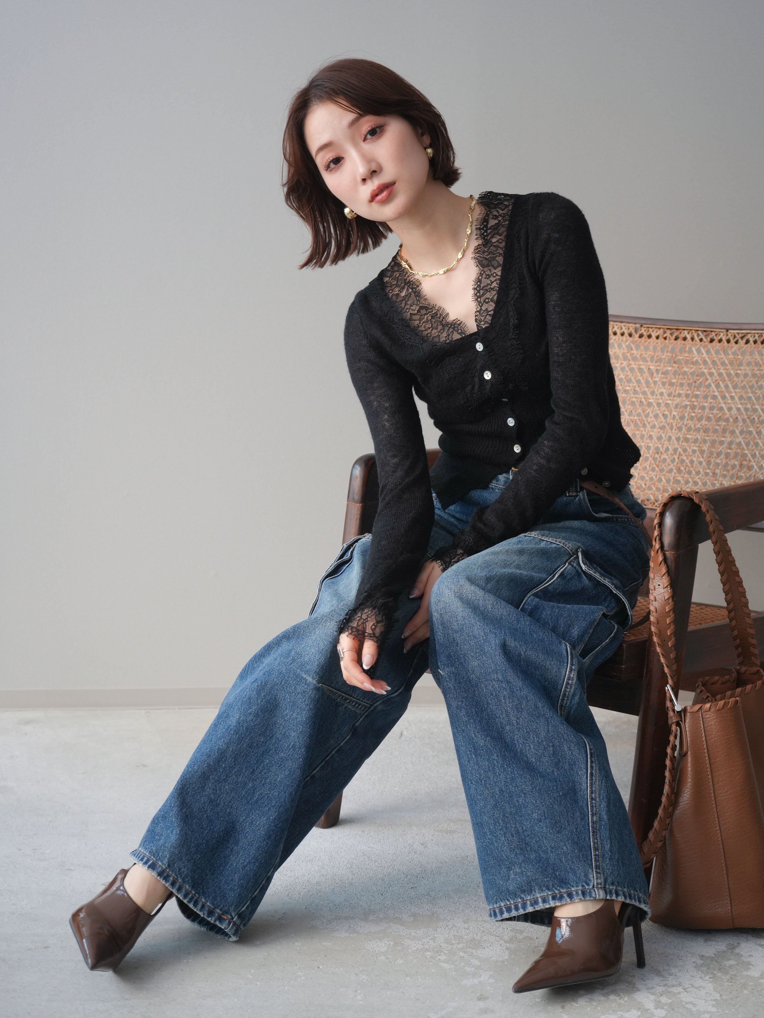 東京古着女子　モヘア　グラデニット　カーディガンitimi y2k フレア 予約]モヘアタッチレースニットカーディガン/black – Lumier