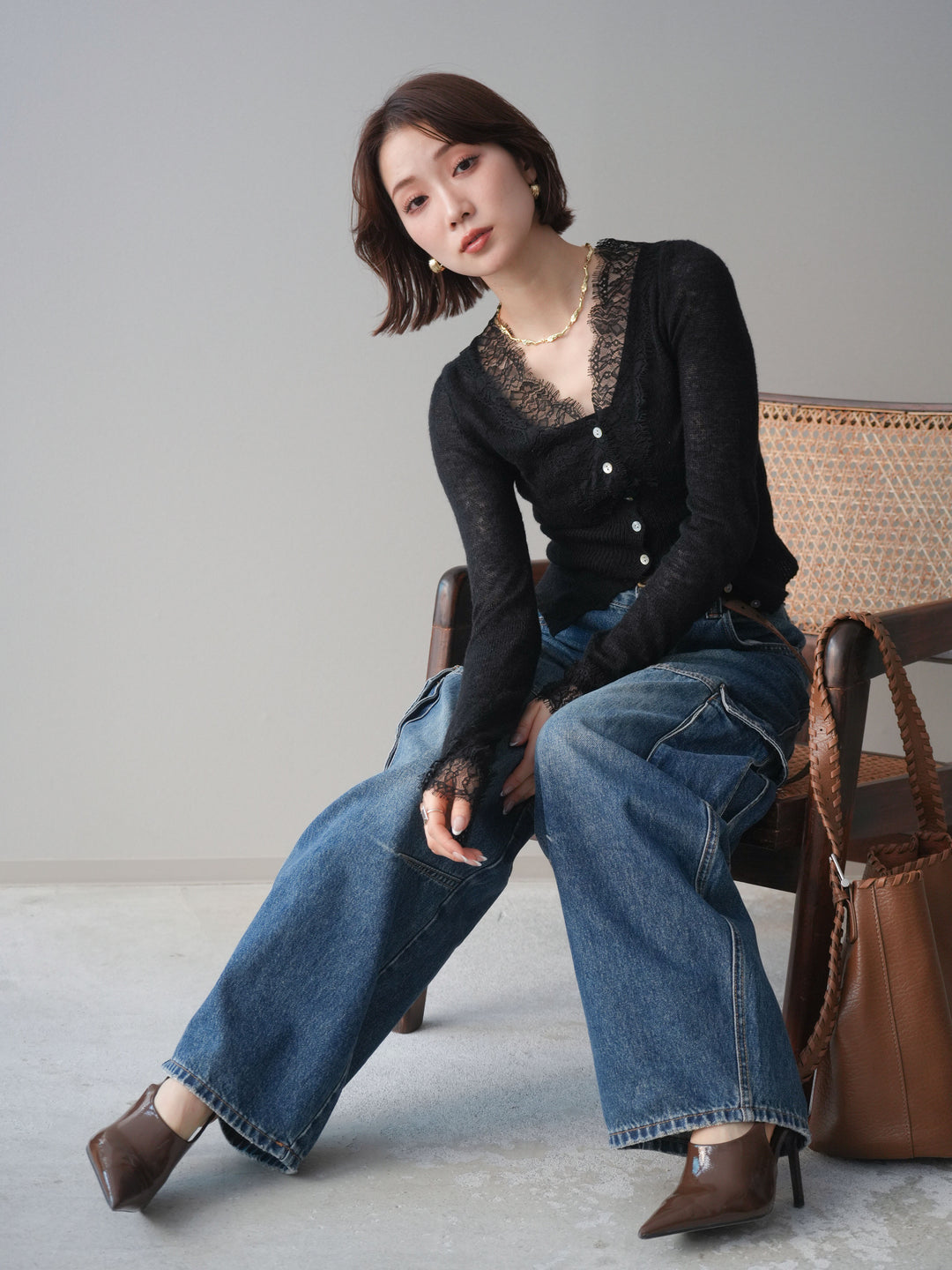 [予約]モヘアタッチレースニットカーディガン/black