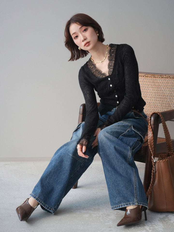 [予約]モヘアタッチレースニットカーディガン/black