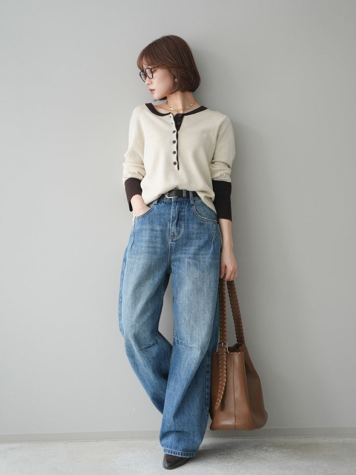 [SET]ヘンリーネック配色ニットソー+ベルト付3Dカーブワイドデニムパンツ(2set)