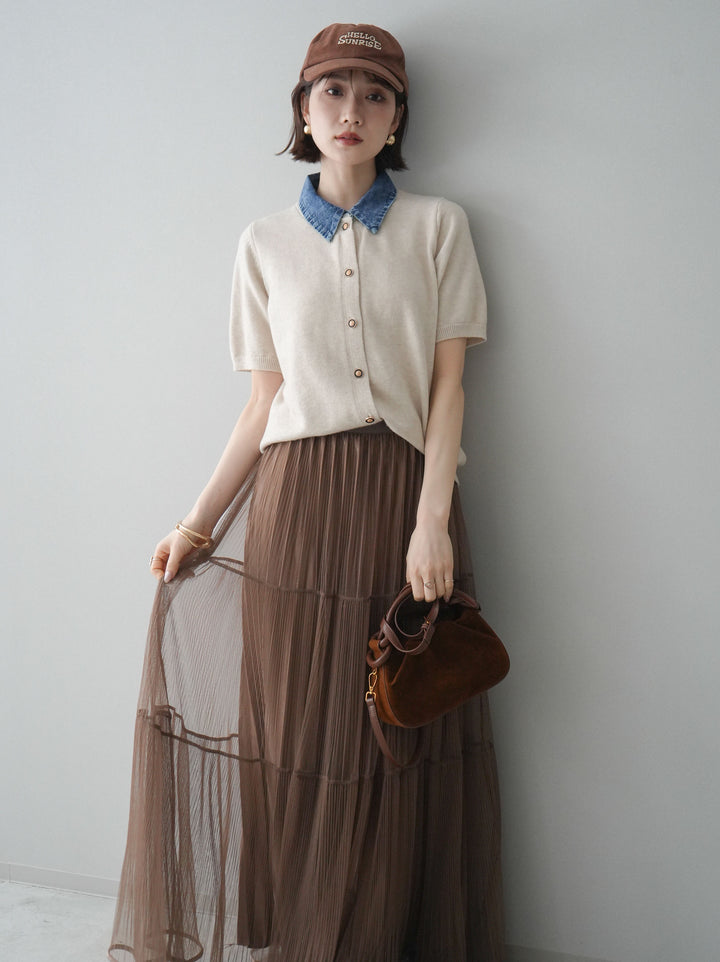 [予約]デニム襟ボタンハーフスリーブニットプルオーバー/beige