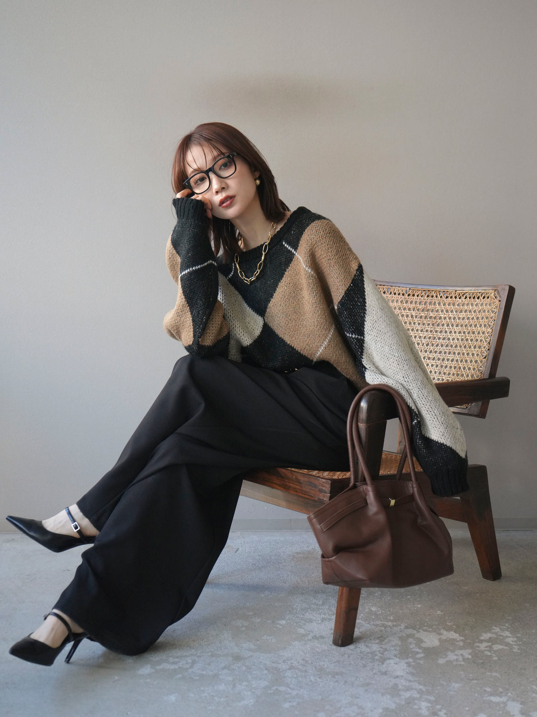 [SET]配色ステッチアーガイル柄ニットプルオーバー+ベルトループデザインワイドパンツ(2set)