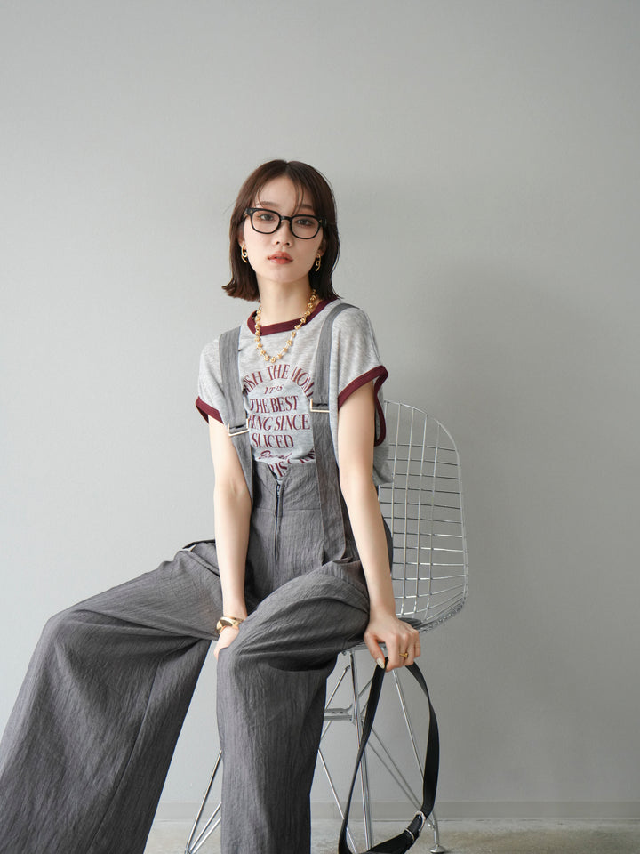 [SET]ストリングデザインハイウエストサロペット+シアーフライス ロゴプリントT (2set)