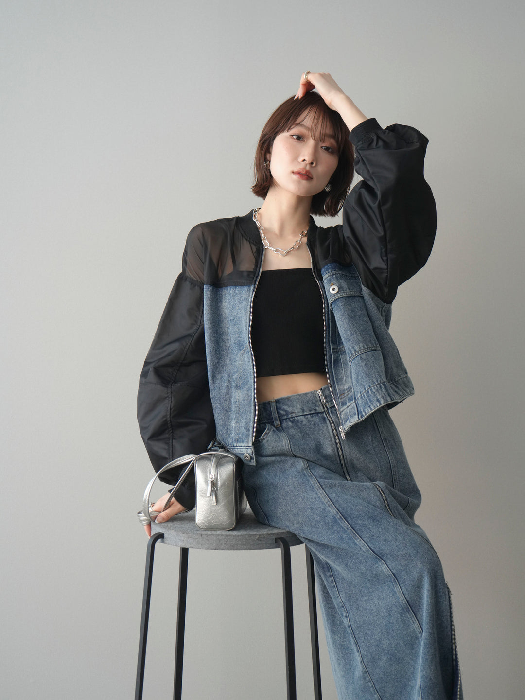 [SET]異素材デニムブルゾン+フロントジップデニムスカート(2set)