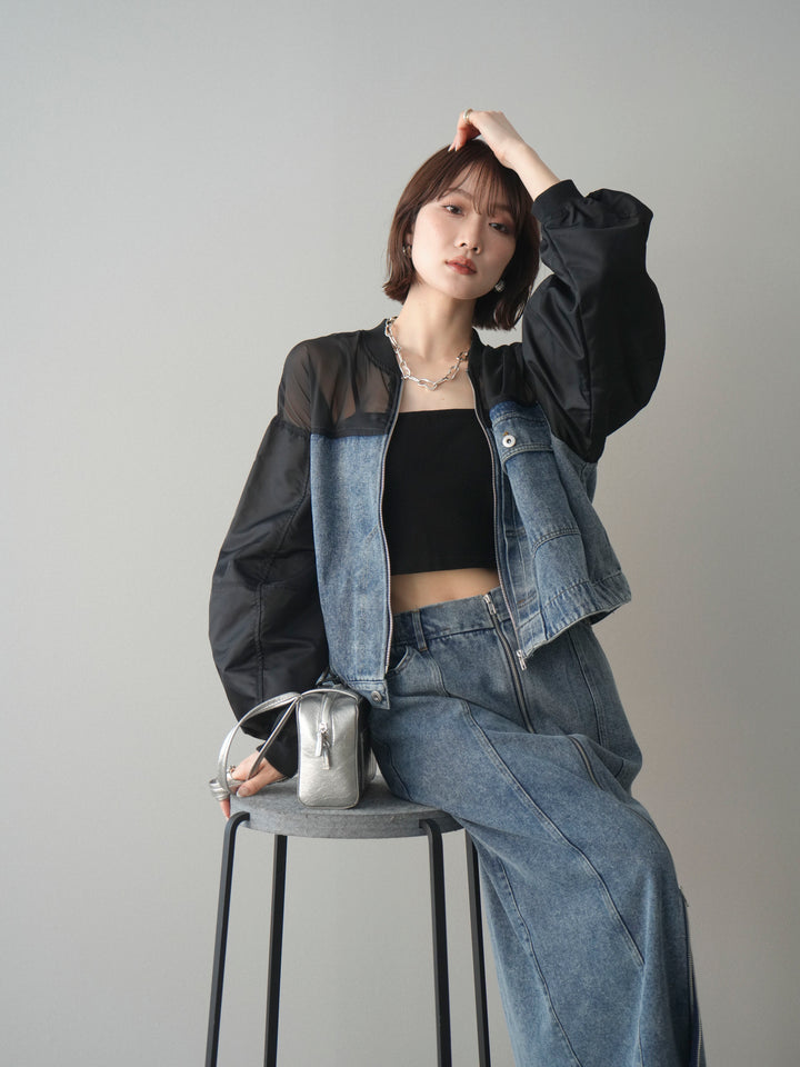 [SET]異素材デニムブルゾン+フロントジップデニムスカート(2set)