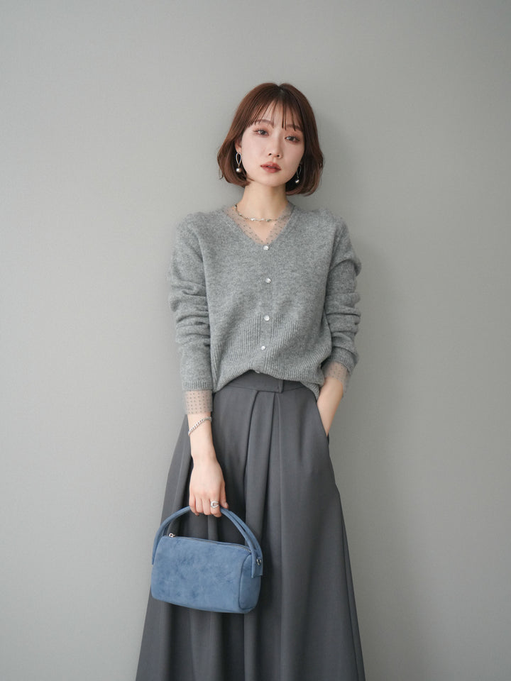 [SET]ドットチュールレイヤードボタンニットトップス+テープベルトタックバギーパンツ(2set)