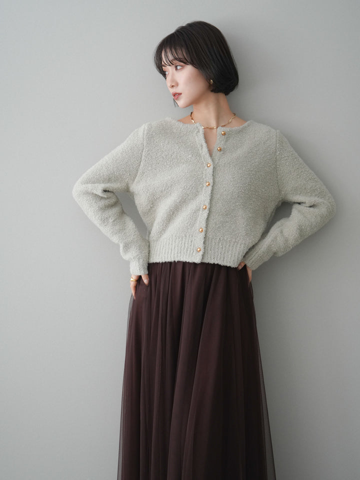 [SET]ゴールドボタンブークレニットカーディガン+チュールボリュームスカート(2set)