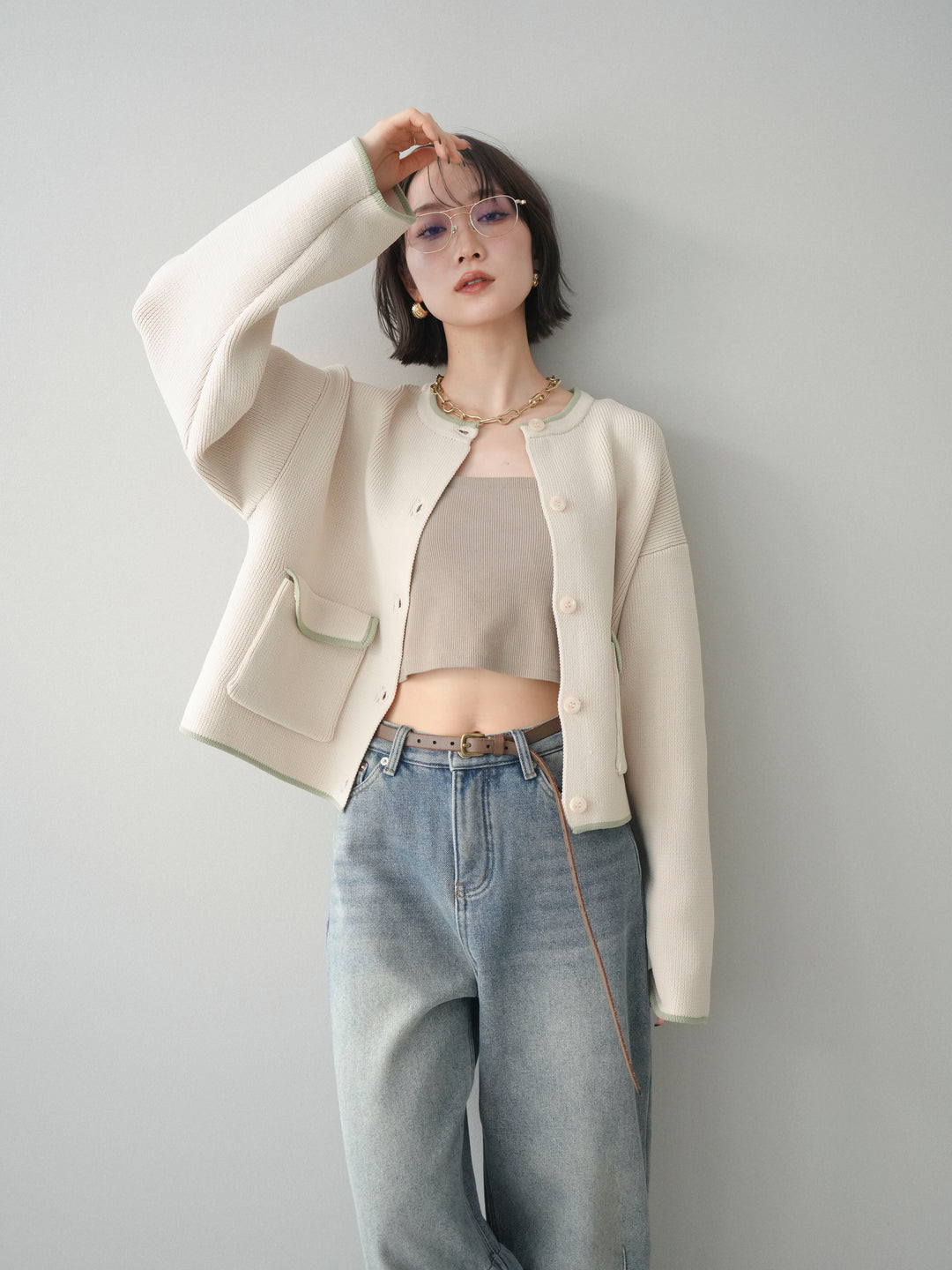 [SET]ポリエステル配色ニットカーディガン+選べるアクセセット(2set)