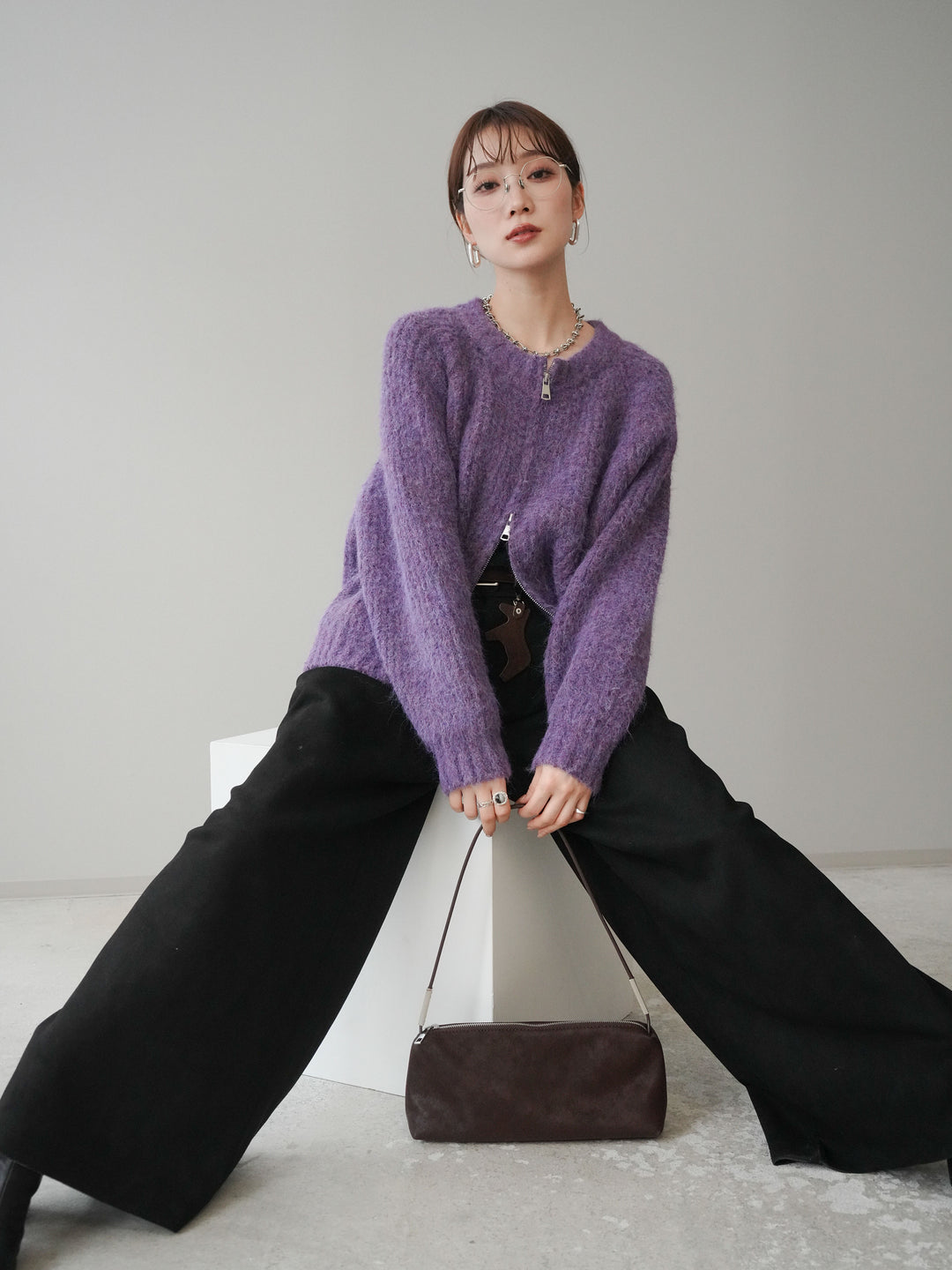 [予約]MIXヤーンモヘアタッチZIPニットカーディガン/purple