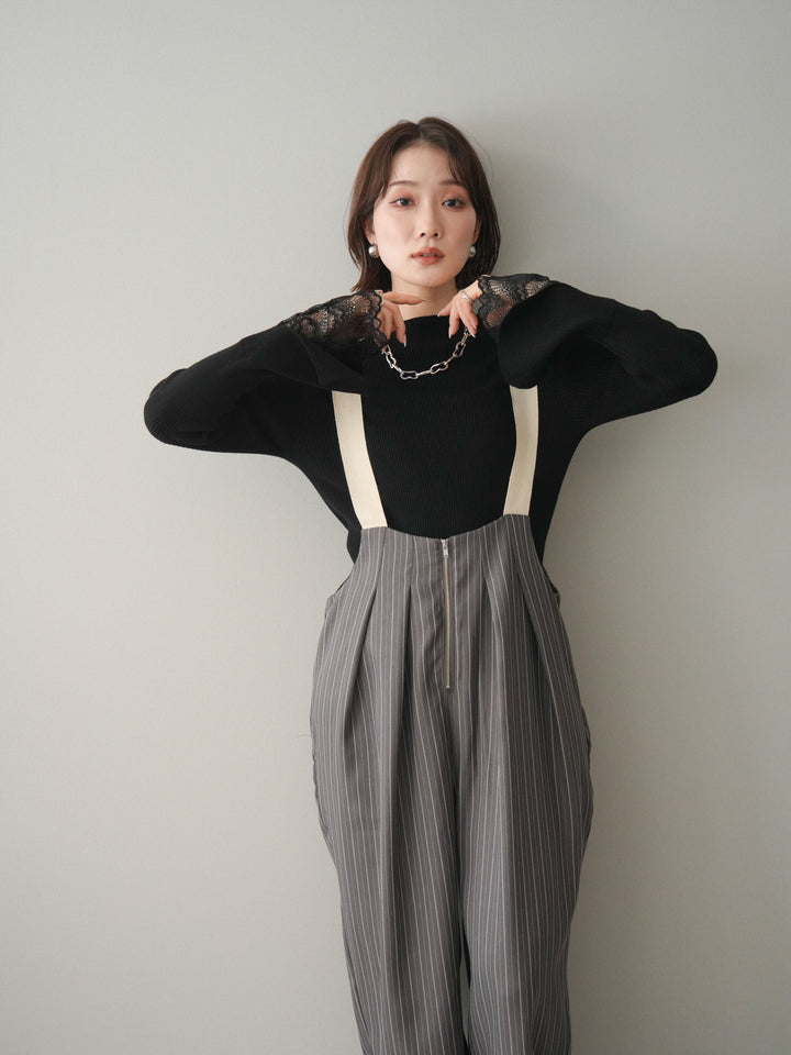 [SET]袖スカラップレースオフネックニットトップス+グログランテープストライプサロペット(2set)