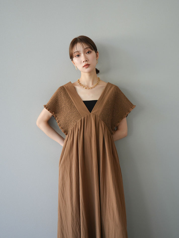 [SET] 褶皺V領連身裙 + 褶皺V領連身裙 (2件套)