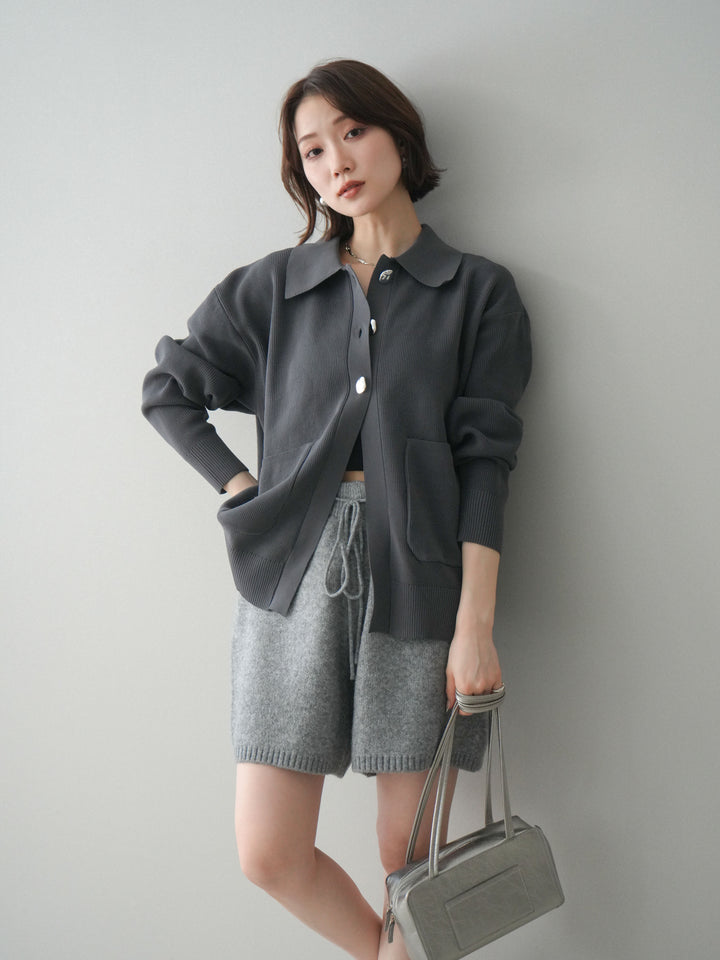 [予約]メタルボタン襟付きポリエステルニットカーディガン/charcoal