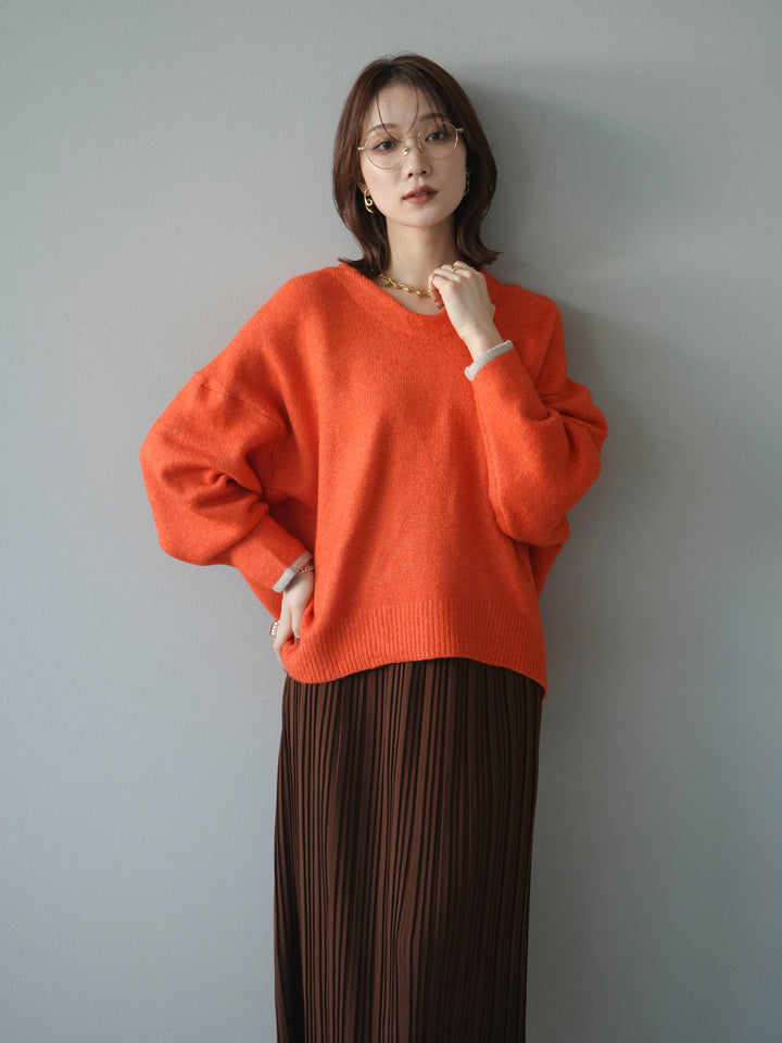 [SET]Vネック配色スリーブニットプルオーバー+選べるアクセセット(2set)