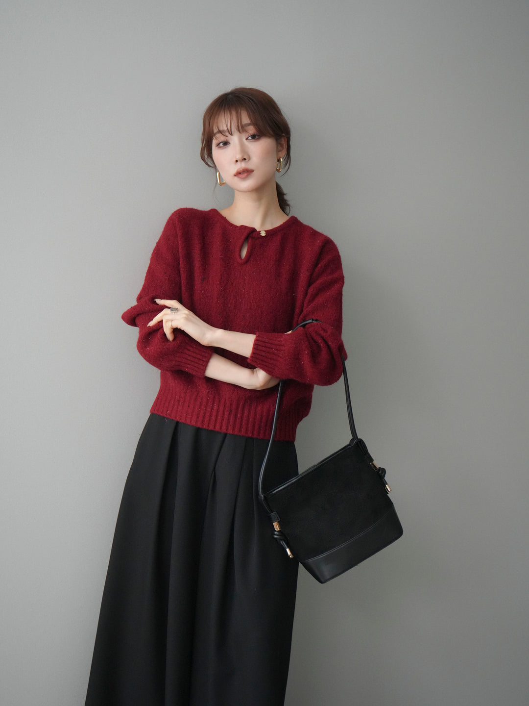 [予約]ツイストネックラメネップヤーンニットプルオーバー/red