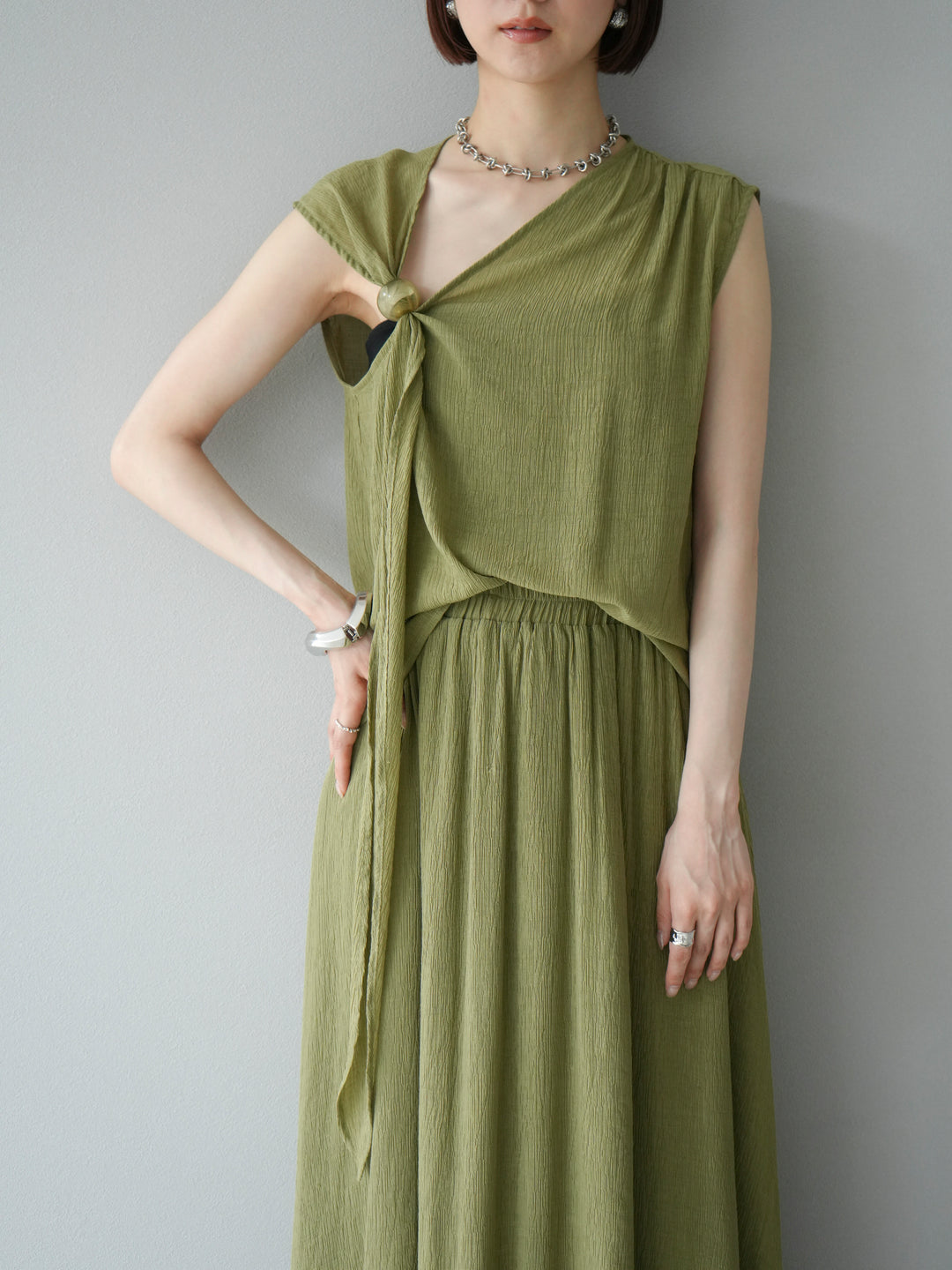 [SET]ビーズモチーフ楊柳ブラウス＆フレアスカートSET UP(2set)