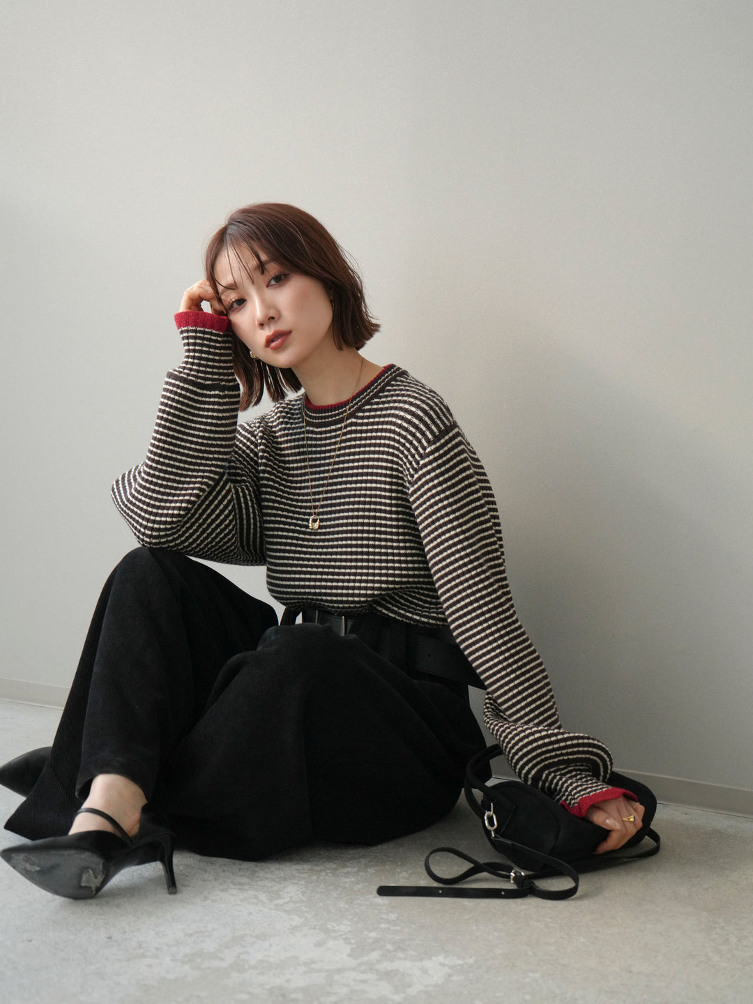 [予約]ラメ異素材ボーダーリブニットプルオーバー/brown×red