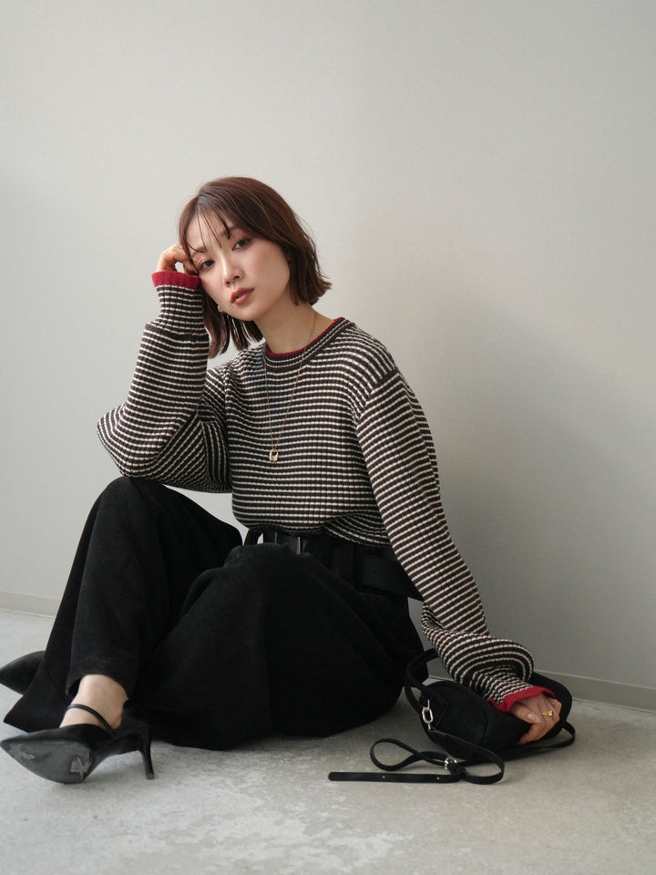 [予約]ラメ異素材ボーダーリブニットプルオーバー/brown×red