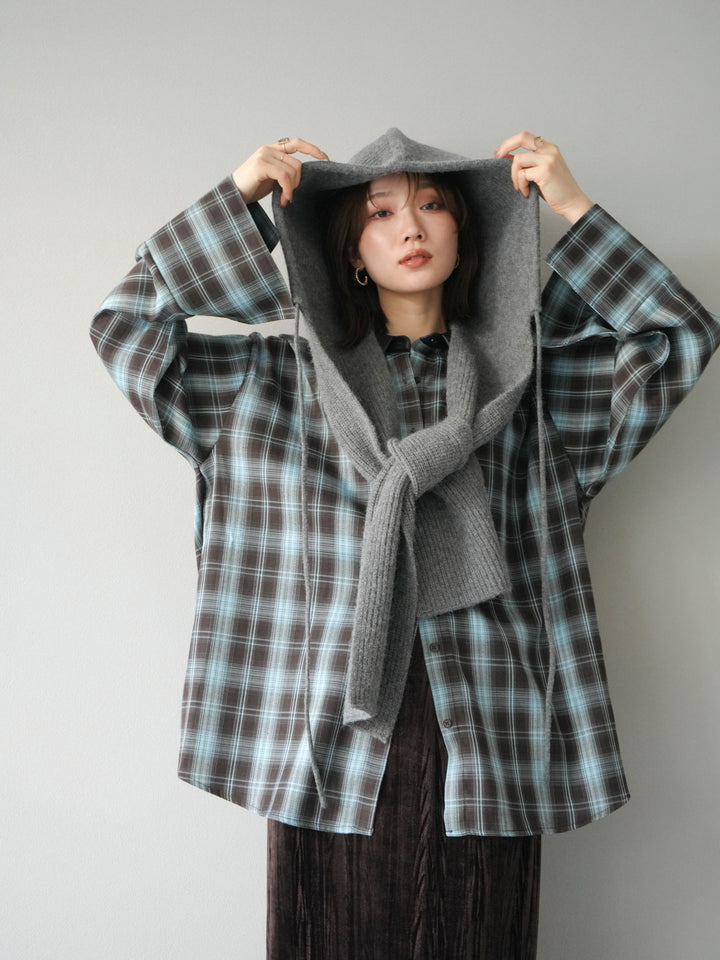 [SET]レザー襟オンブレチェックオーバーシャツ +クラッシュベロアナロースカート(2set)