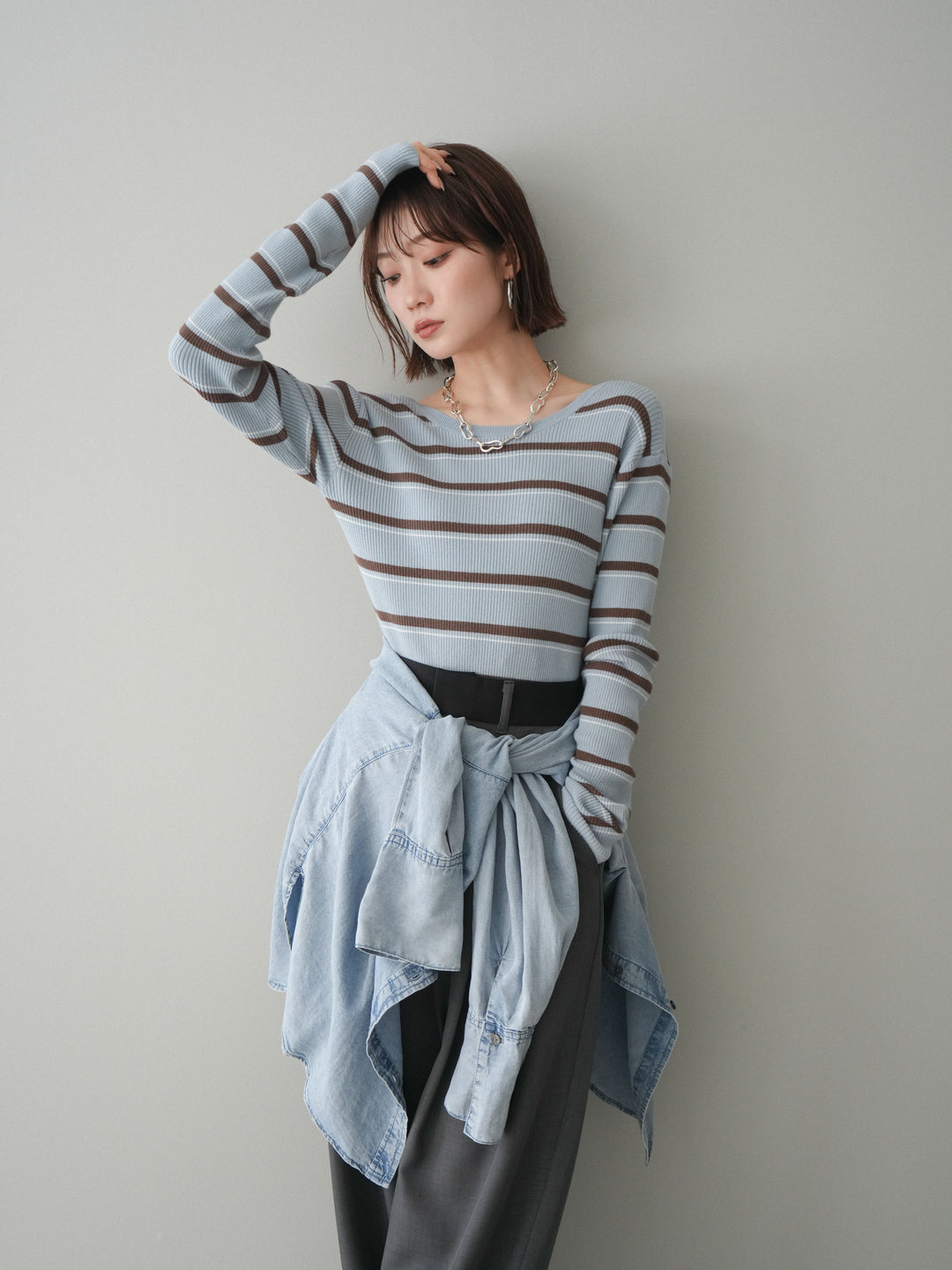 [予約]バックオープンテレコリブマルチボーダートップス/blue