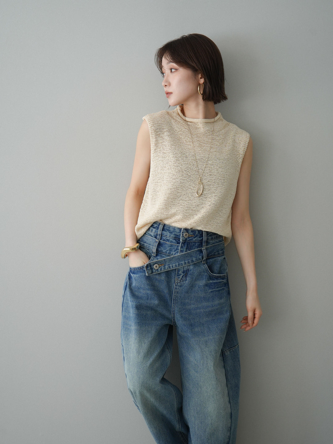 [予約]ノースリーブリネンタッチシアーニットプルオーバー/beige