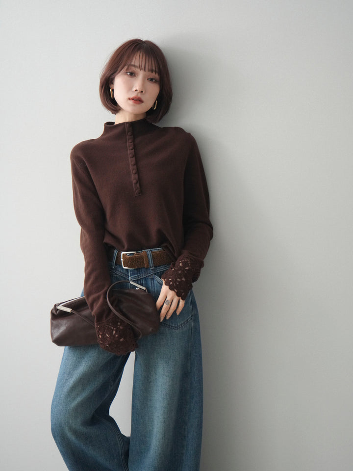 [予約]袖スカラップレースフロントボタンウールニットトップス/brown