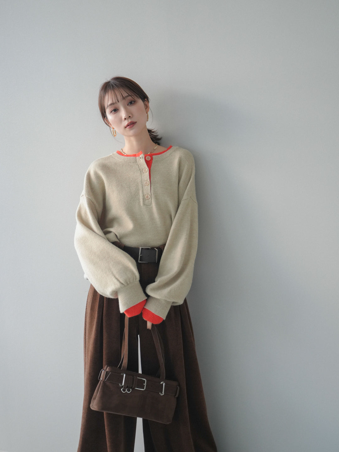 [予約]ヘンリーネック配色レイヤードニットプルオーバー/beige