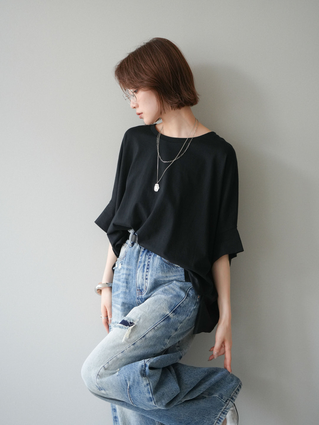 [SET]ドルマンワイドフレアトップス+ダメージカーブワイドデニムパンツ(2set)