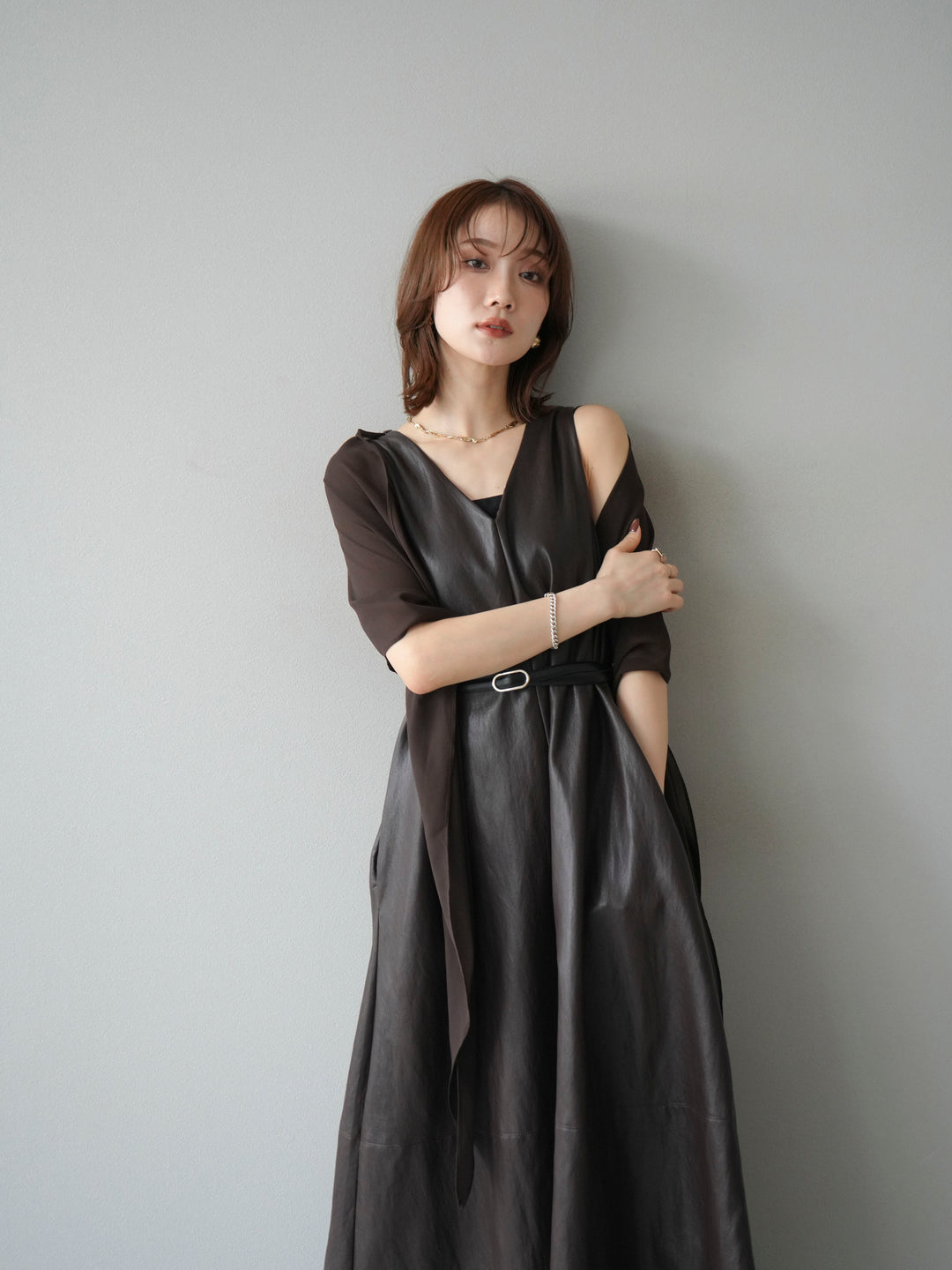 [予約]レザーAラインワンピース/ブラウン