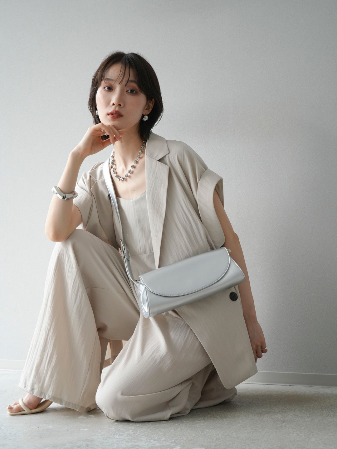 [予約]リネンライクビスチェデザインサロペット/エクリュ