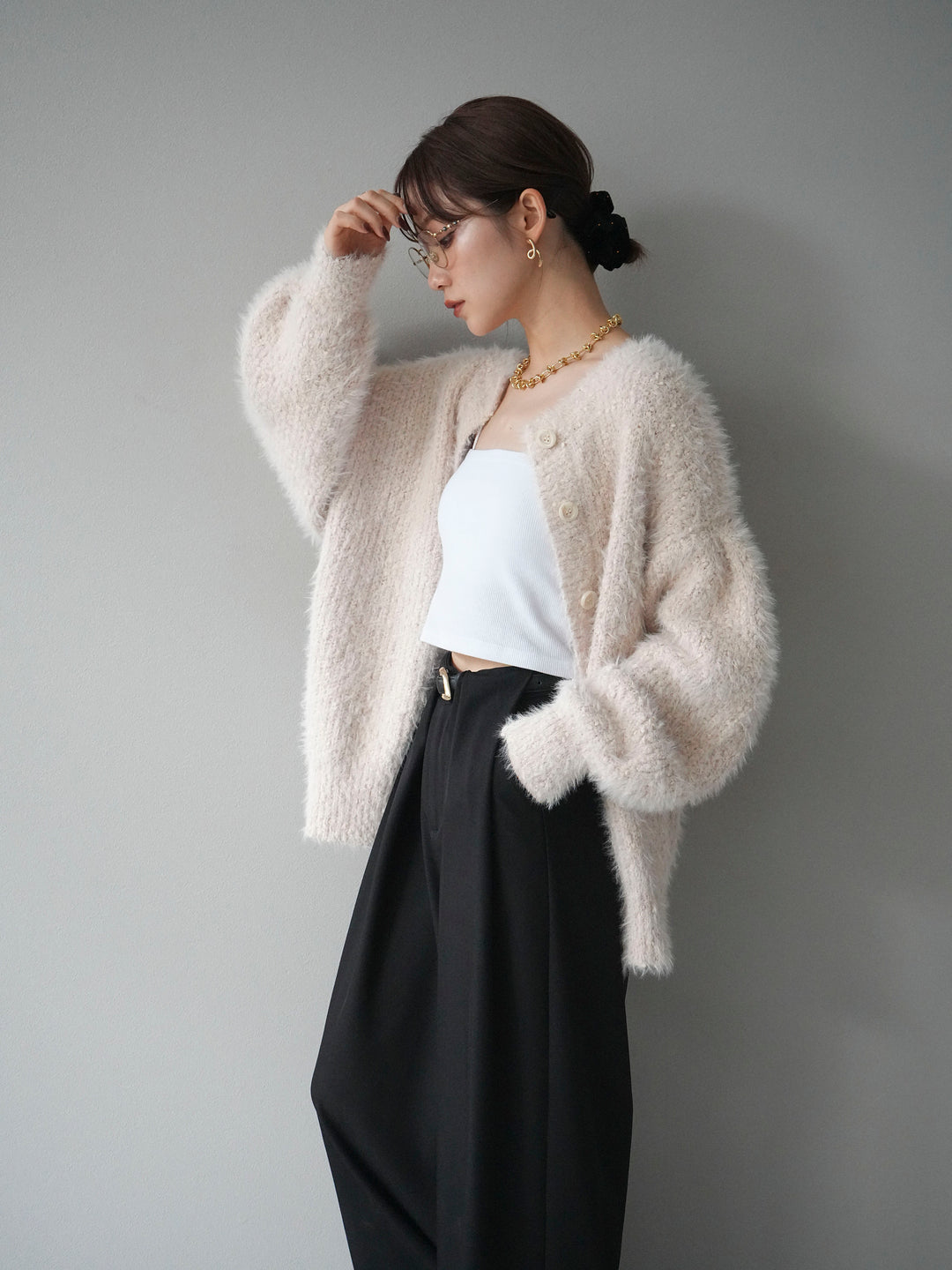 [SET]クルーネックランダムシャギーカーディガン+ベルトループデザインワイドパンツ(2set)