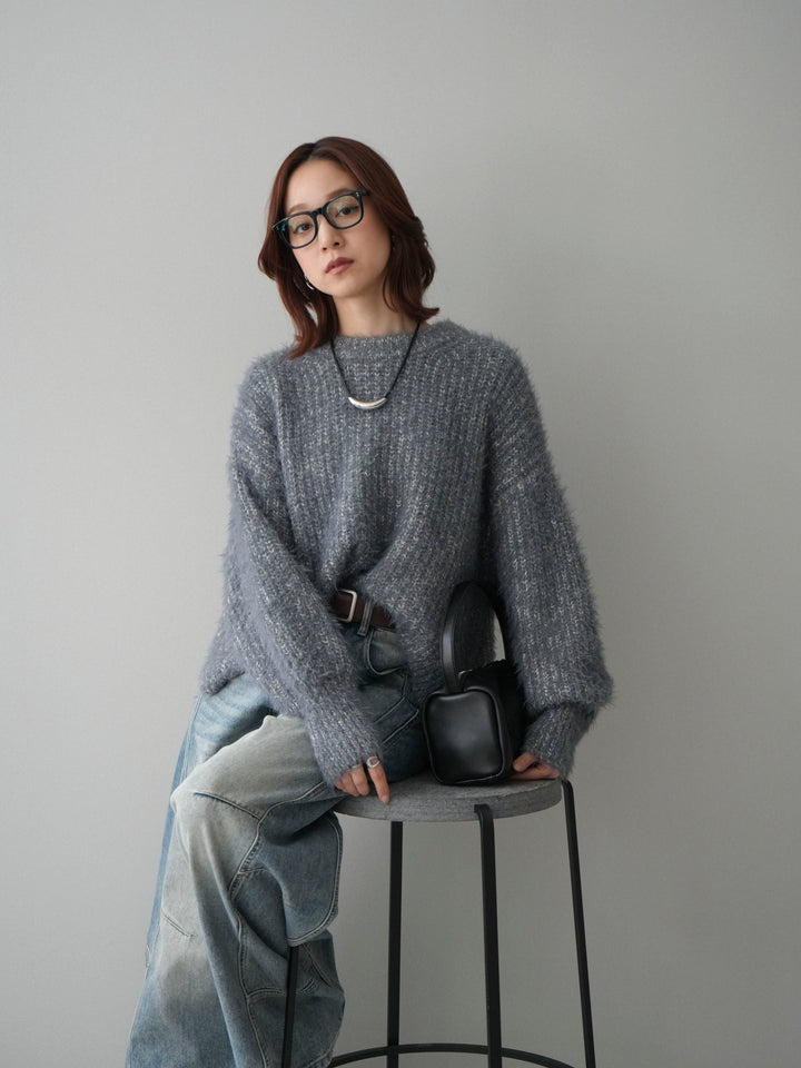 [SET]ボリュームスリーブシャギー MIXニットプルオーバー+ベルト付カーブデニムパンツ(2set)