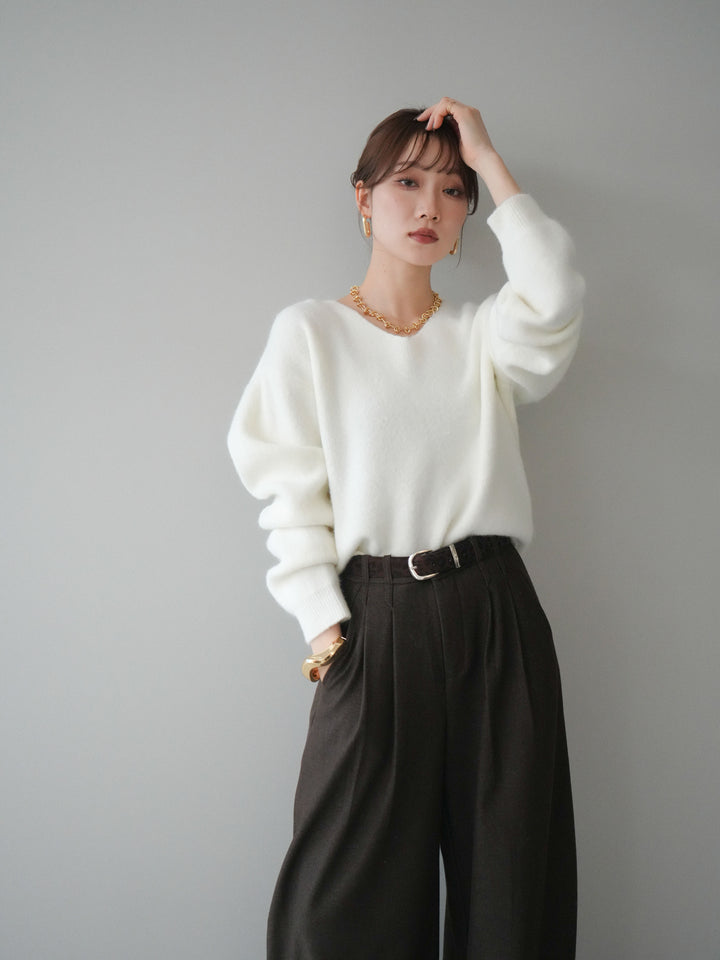 [SET]シュシュ付きアンゴラタッチVネックニットプルオーバー+選べるアクセセット(2set)