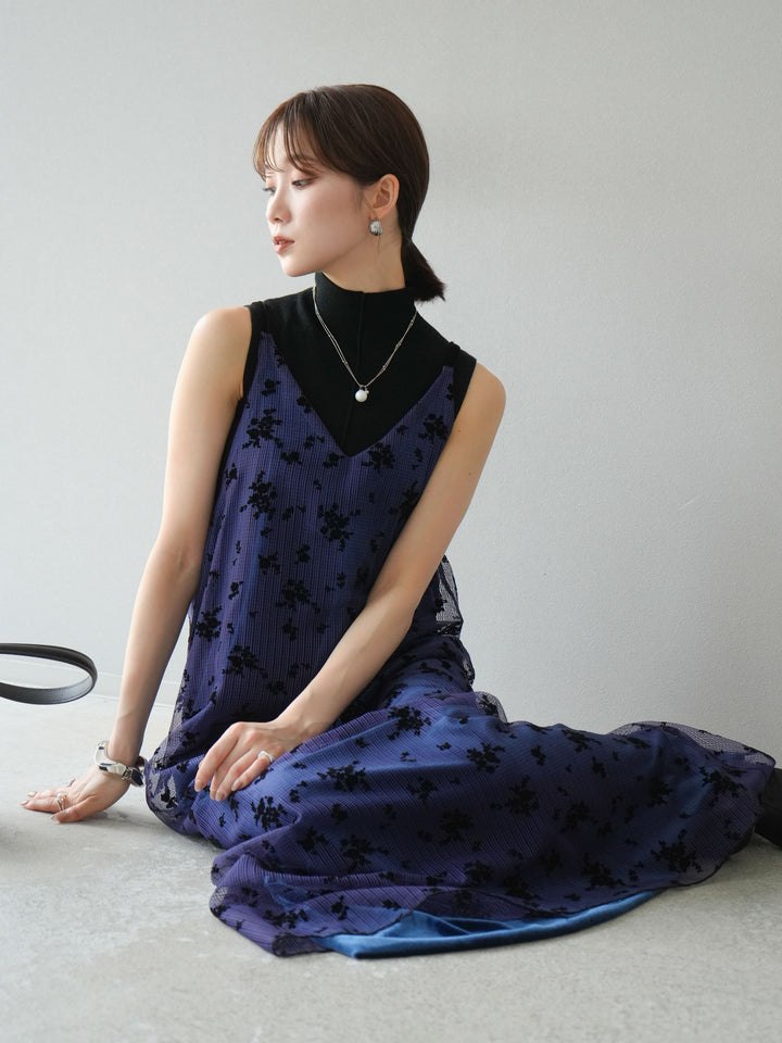 [SET]フロッキーチュールレイヤードベロアキャミワンピース+プチネックセンターシームノースリーニットトップス(2set)